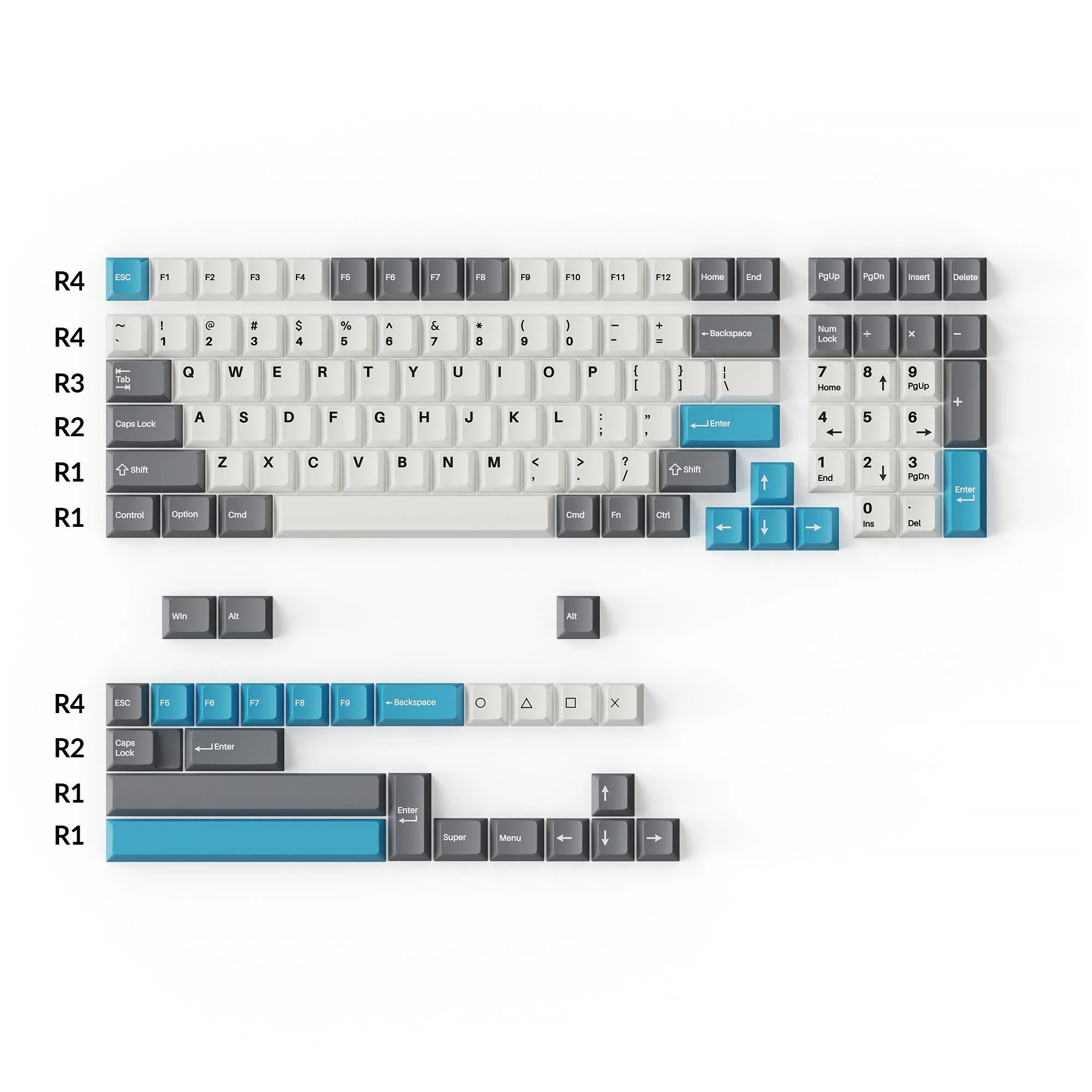 Cherry Profile Double-Shot PBT Full Set Keycaps - Grey, White, and Blue - Image 2